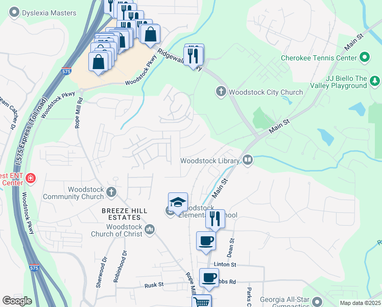 map of restaurants, bars, coffee shops, grocery stores, and more near 409 Norton Crossing in Woodstock