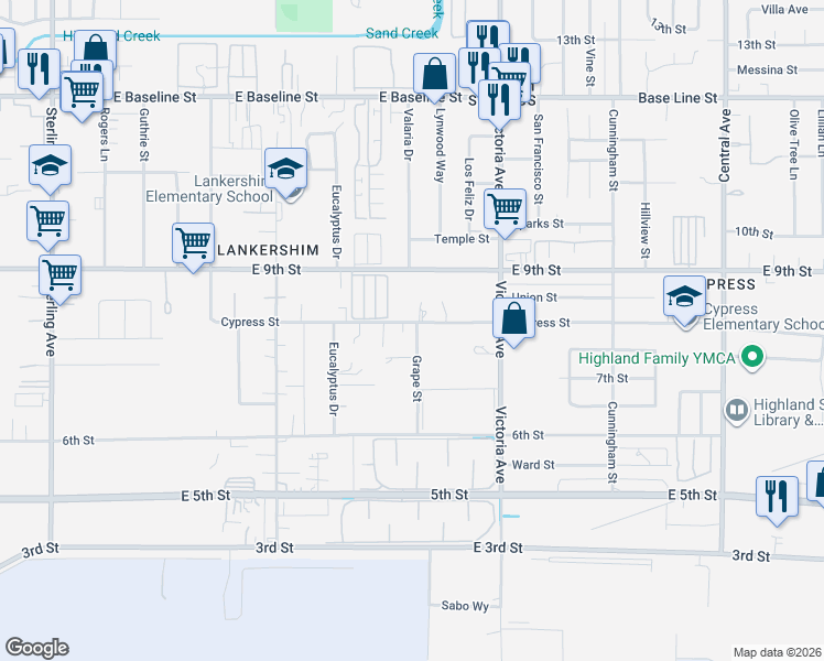 map of restaurants, bars, coffee shops, grocery stores, and more near 26345 Cypress Street in Highland