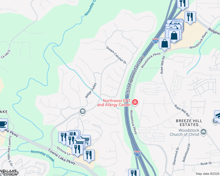 map of restaurants, bars, coffee shops, grocery stores, and more near 119 Dragging Canoe in Woodstock