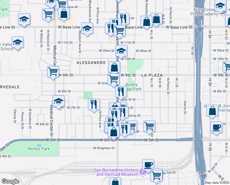 map of restaurants, bars, coffee shops, grocery stores, and more near 839 North Mount Vernon Avenue in San Bernardino