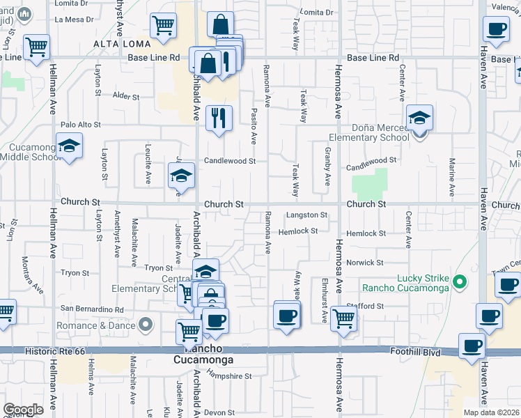 map of restaurants, bars, coffee shops, grocery stores, and more near 9876 Adolfo Court in Rancho Cucamonga