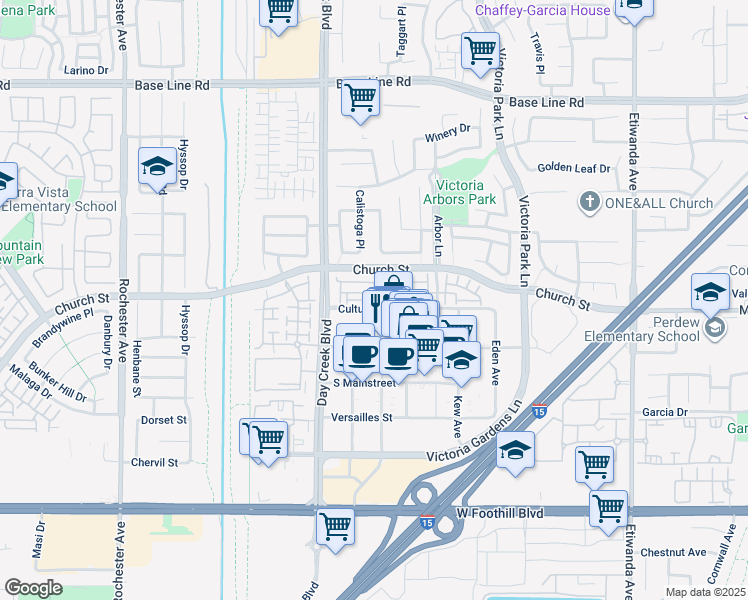 map of restaurants, bars, coffee shops, grocery stores, and more near 7694 Lisbon Place in Rancho Cucamonga