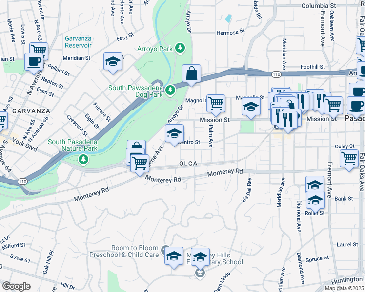 map of restaurants, bars, coffee shops, grocery stores, and more near 401 El Centro Street in South Pasadena