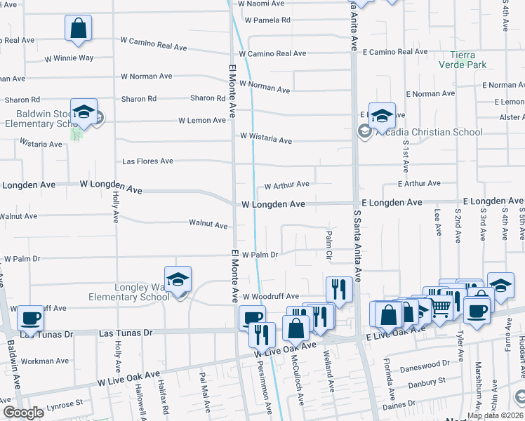 map of restaurants, bars, coffee shops, grocery stores, and more near 150 West Longden Avenue in Arcadia