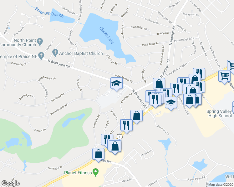 map of restaurants, bars, coffee shops, grocery stores, and more near 225 North Brickyard Road in Columbia