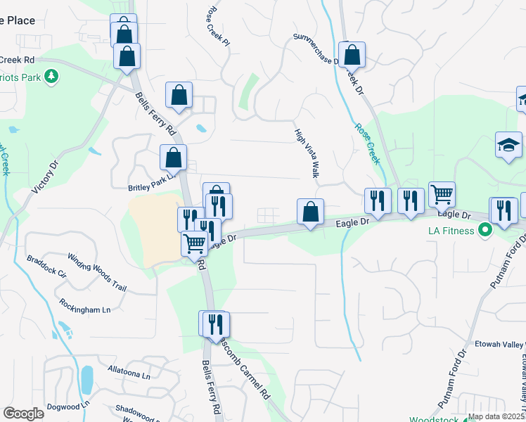 map of restaurants, bars, coffee shops, grocery stores, and more near 401 Courtyard Drive in Woodstock