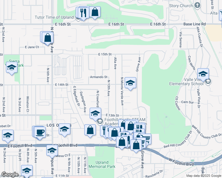 map of restaurants, bars, coffee shops, grocery stores, and more near 1404 North 13th Avenue in Upland