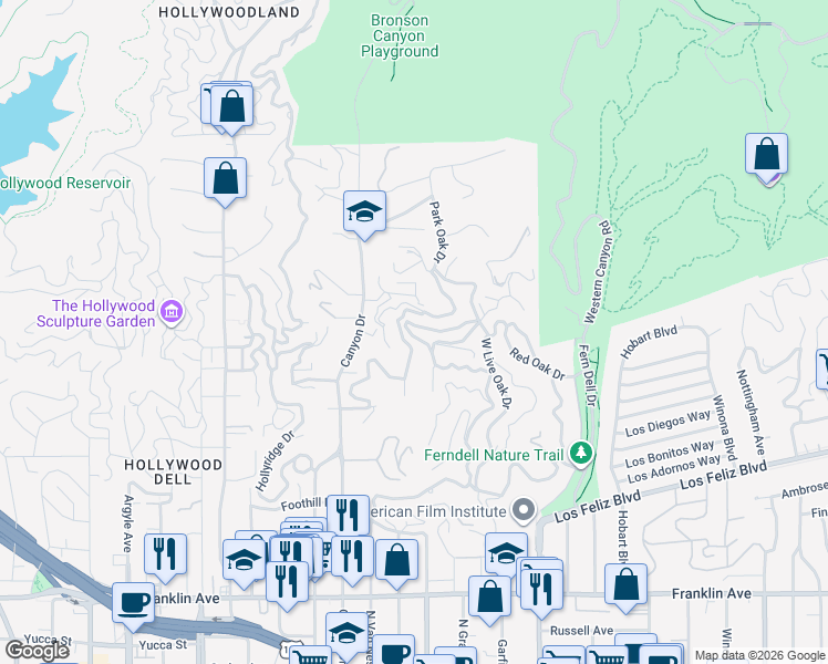 map of restaurants, bars, coffee shops, grocery stores, and more near 5682 Spreading Oak Drive in Los Angeles