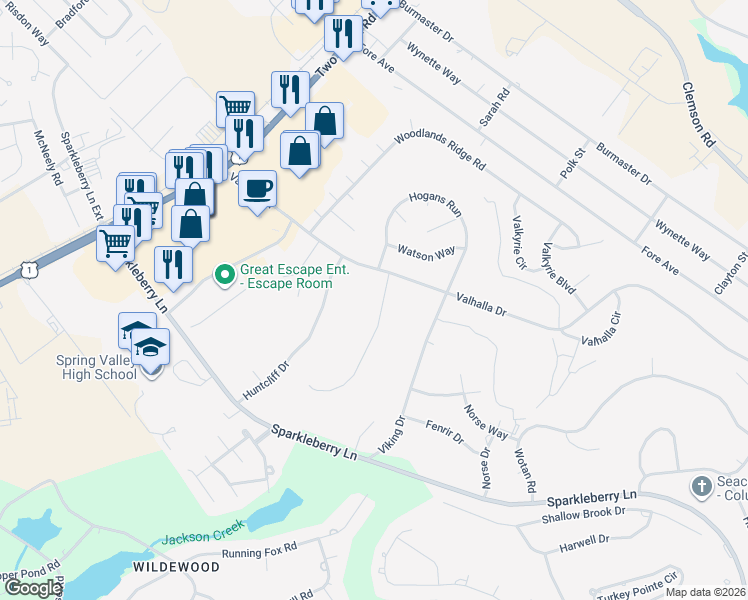 map of restaurants, bars, coffee shops, grocery stores, and more near 1105 Valhalla Drive in Columbia