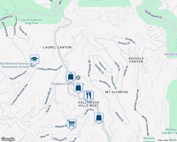 map of restaurants, bars, coffee shops, grocery stores, and more near 2351 Mount Olympus Drive in Los Angeles