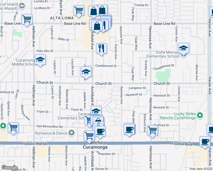 map of restaurants, bars, coffee shops, grocery stores, and more near 9776 Church Street in Rancho Cucamonga