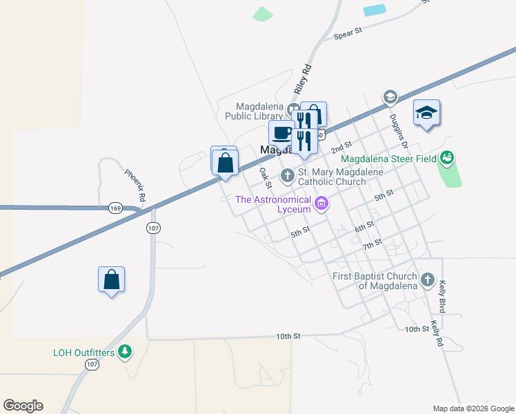 map of restaurants, bars, coffee shops, grocery stores, and more near Ash Street in Magdalena