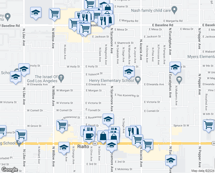 map of restaurants, bars, coffee shops, grocery stores, and more near 811 North Sycamore Avenue in Rialto