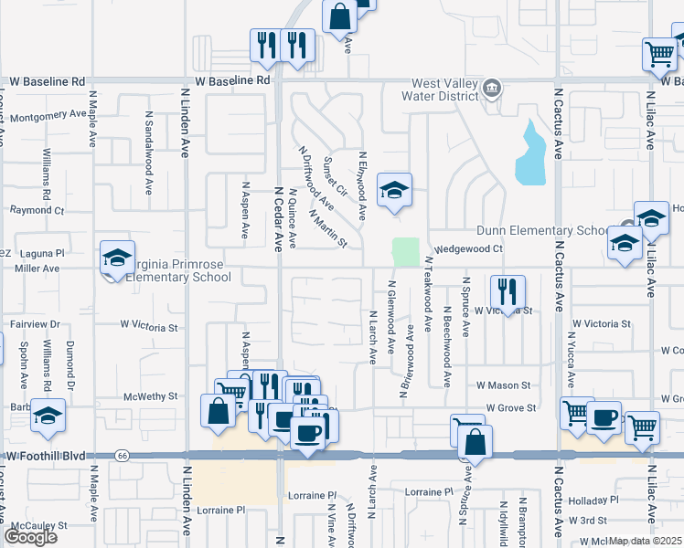 map of restaurants, bars, coffee shops, grocery stores, and more near 822 North Martin Street in Rialto