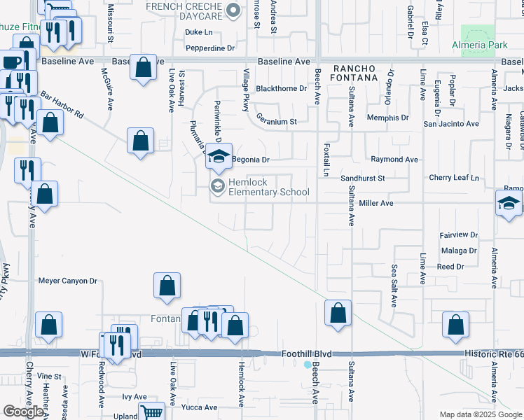 map of restaurants, bars, coffee shops, grocery stores, and more near 15175 Edelweis Street in Fontana