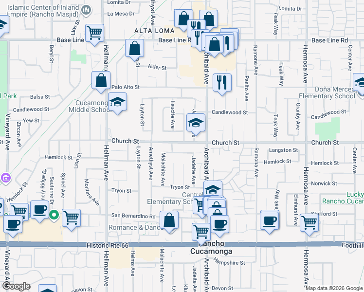 map of restaurants, bars, coffee shops, grocery stores, and more near 9591 Yew Street in Rancho Cucamonga
