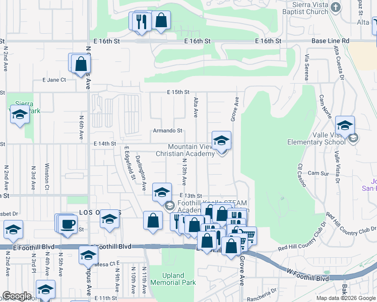 map of restaurants, bars, coffee shops, grocery stores, and more near 1404 North 13th Avenue in Upland