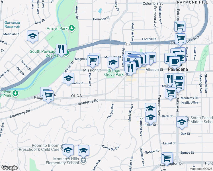 map of restaurants, bars, coffee shops, grocery stores, and more near 805 El Centro Street in South Pasadena