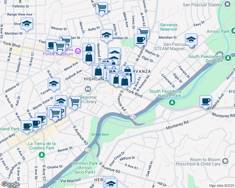 map of restaurants, bars, coffee shops, grocery stores, and more near 6320 York Boulevard in Los Angeles