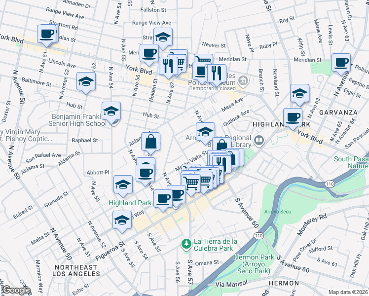 map of restaurants, bars, coffee shops, grocery stores, and more near 5924 El Mio Drive in Los Angeles
