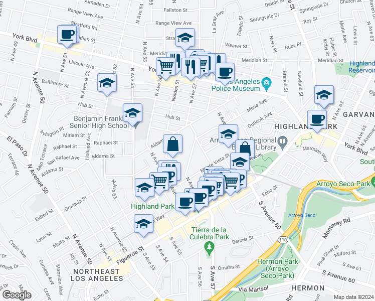 map of restaurants, bars, coffee shops, grocery stores, and more near 400 North Avenue 57 in Los Angeles