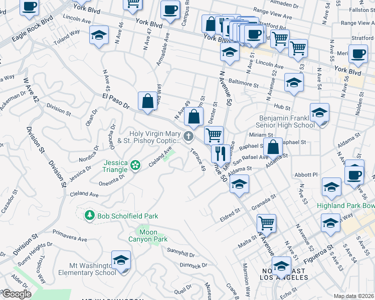 map of restaurants, bars, coffee shops, grocery stores, and more near 4920 Cleland Avenue in Los Angeles