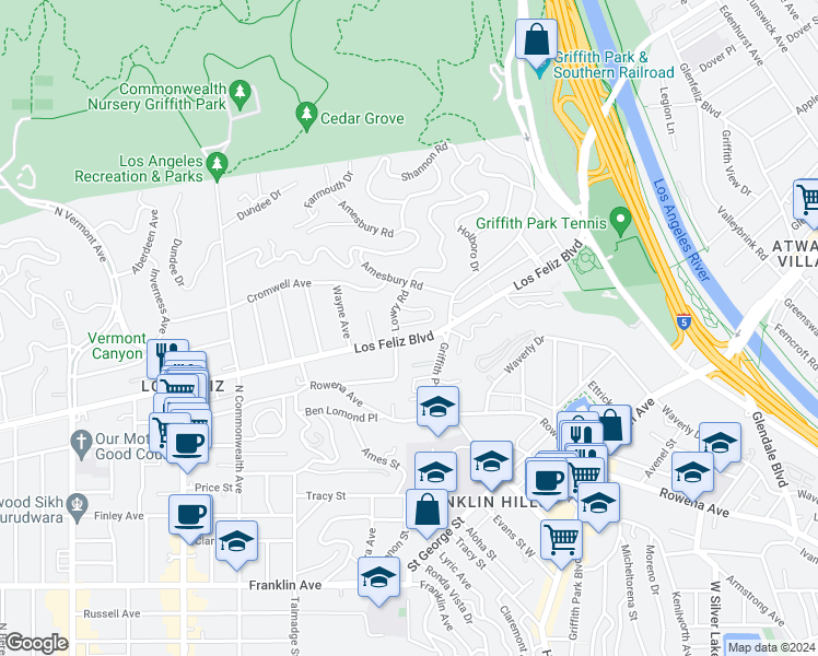 map of restaurants, bars, coffee shops, grocery stores, and more near 3364 Ley Drive in Los Angeles