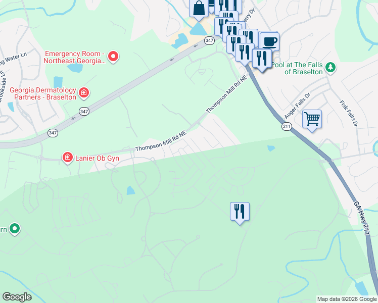 map of restaurants, bars, coffee shops, grocery stores, and more near 2480 Muskogee Lane in Braselton