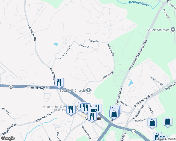 map of restaurants, bars, coffee shops, grocery stores, and more near 5200 Sugar Crest Drive in Sugar Hill