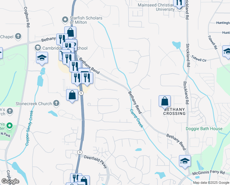 map of restaurants, bars, coffee shops, grocery stores, and more near 1245 South Bethany Creek Drive in Alpharetta