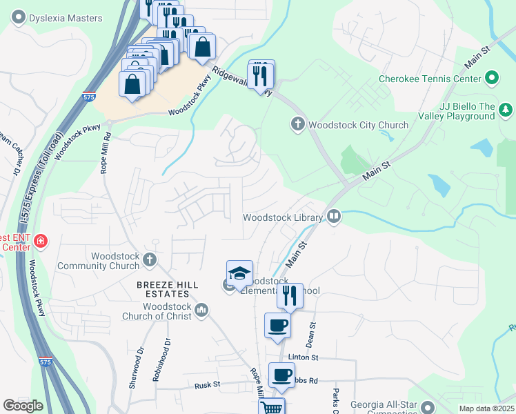 map of restaurants, bars, coffee shops, grocery stores, and more near 409 Norton Crossing in Woodstock