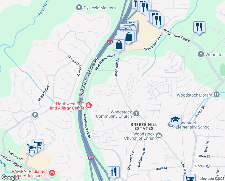 map of restaurants, bars, coffee shops, grocery stores, and more near 214 Bluestone Drive in Holly Springs
