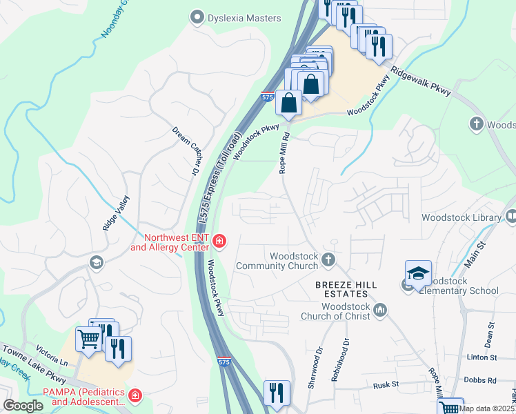 map of restaurants, bars, coffee shops, grocery stores, and more near 164 Inwood Walk in Woodstock