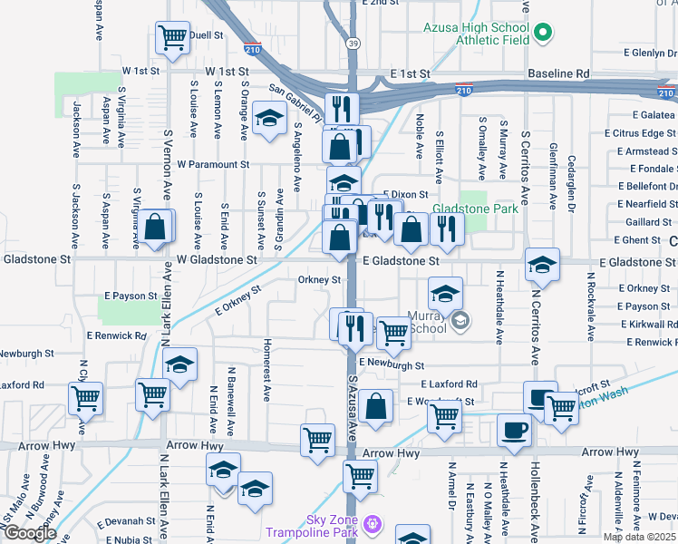 map of restaurants, bars, coffee shops, grocery stores, and more near 195 West Gladstone Street in Azusa