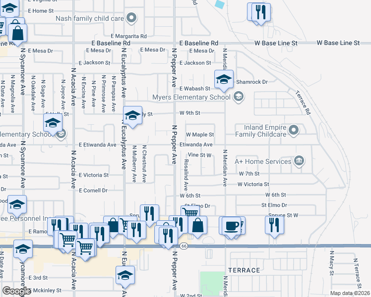map of restaurants, bars, coffee shops, grocery stores, and more near 815 North Pepper Avenue in Rialto