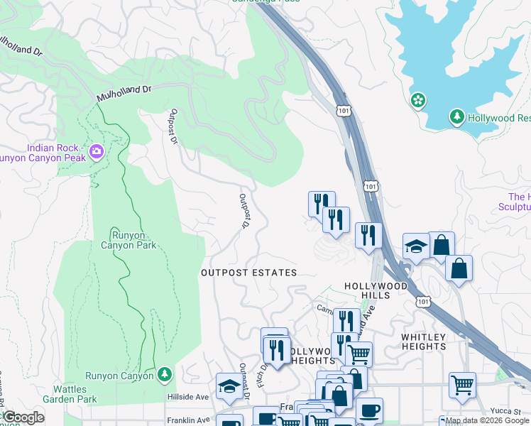 map of restaurants, bars, coffee shops, grocery stores, and more near 2400 Castilian Drive in Los Angeles