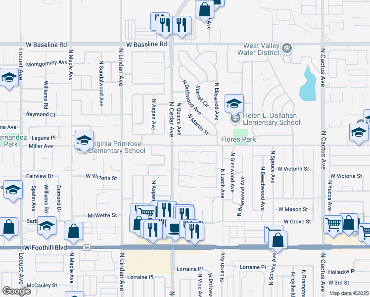 map of restaurants, bars, coffee shops, grocery stores, and more near 1256 West Morgan Street in Rialto