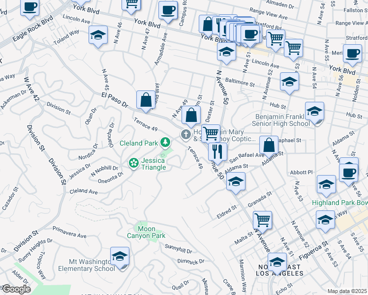 map of restaurants, bars, coffee shops, grocery stores, and more near 4849 San Rafael Avenue in Los Angeles