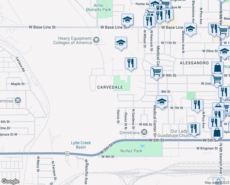 map of restaurants, bars, coffee shops, grocery stores, and more near 780 Garcia Street in San Bernardino