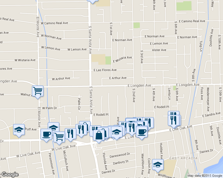 map of restaurants, bars, coffee shops, grocery stores, and more near 68 East Longden Avenue in Arcadia