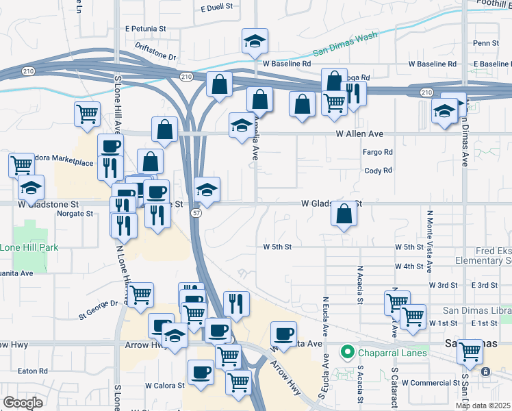 map of restaurants, bars, coffee shops, grocery stores, and more near 666 Pearlanna Drive in San Dimas