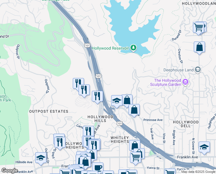 map of restaurants, bars, coffee shops, grocery stores, and more near 3400 North Cahuenga Boulevard in Los Angeles