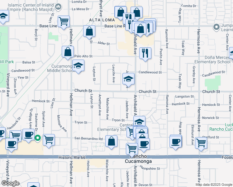 map of restaurants, bars, coffee shops, grocery stores, and more near 9591 Yew Street in Rancho Cucamonga