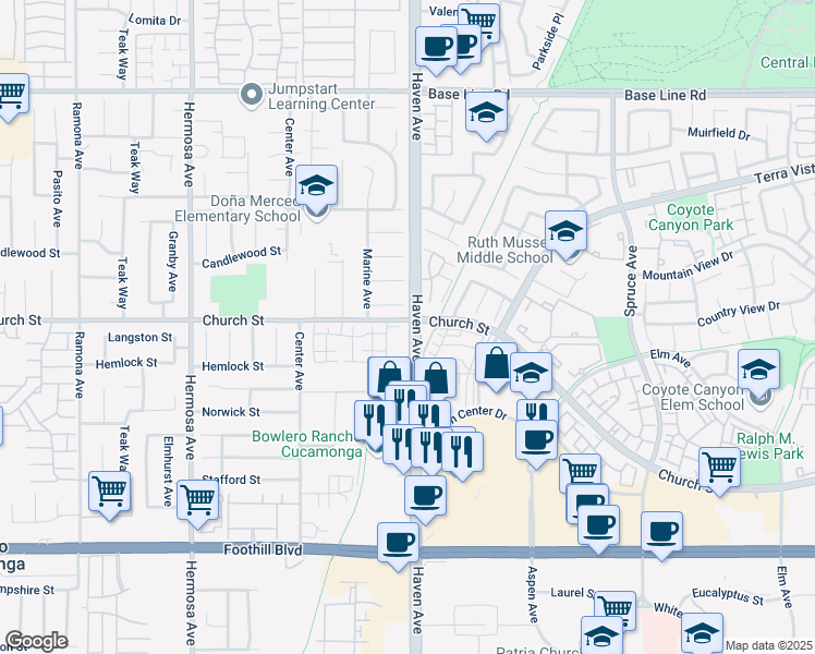 map of restaurants, bars, coffee shops, grocery stores, and more near 10459 Church Street in Rancho Cucamonga
