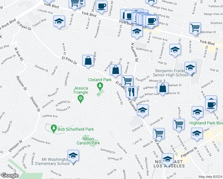 map of restaurants, bars, coffee shops, grocery stores, and more near 4849 San Rafael Avenue in Los Angeles