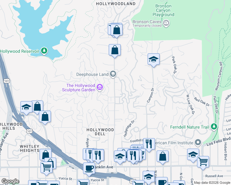 map of restaurants, bars, coffee shops, grocery stores, and more near 2420 Beachwood Drive in Los Angeles
