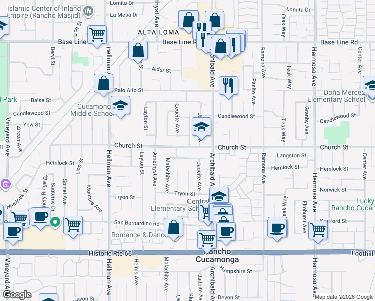 map of restaurants, bars, coffee shops, grocery stores, and more near 9591 Yew Street in Rancho Cucamonga