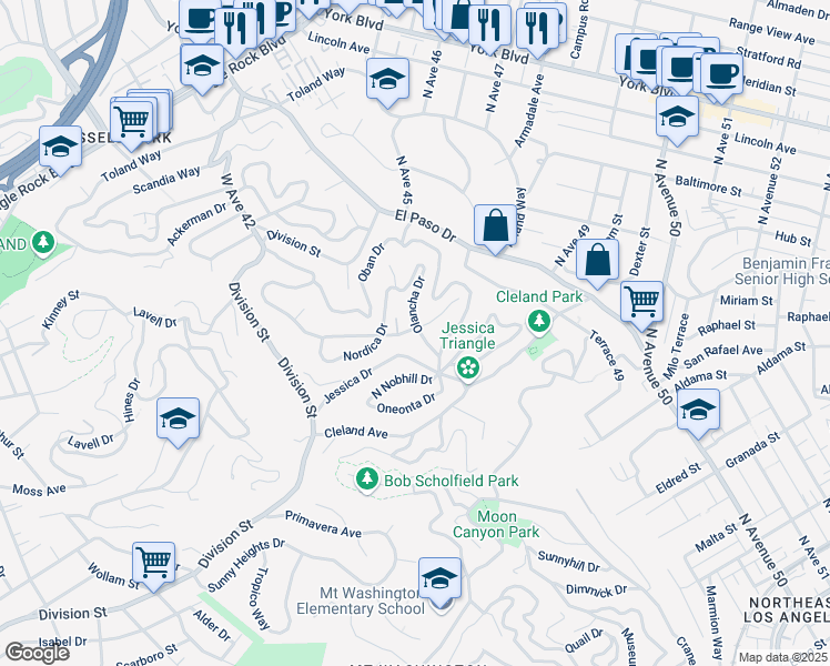 map of restaurants, bars, coffee shops, grocery stores, and more near 4540 Palmero Drive in Los Angeles