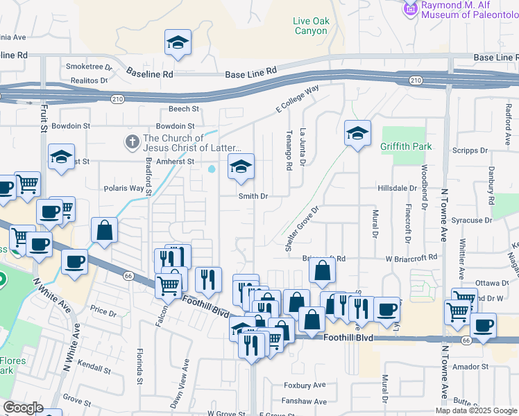 map of restaurants, bars, coffee shops, grocery stores, and more near 4003 North Garey Avenue in Claremont