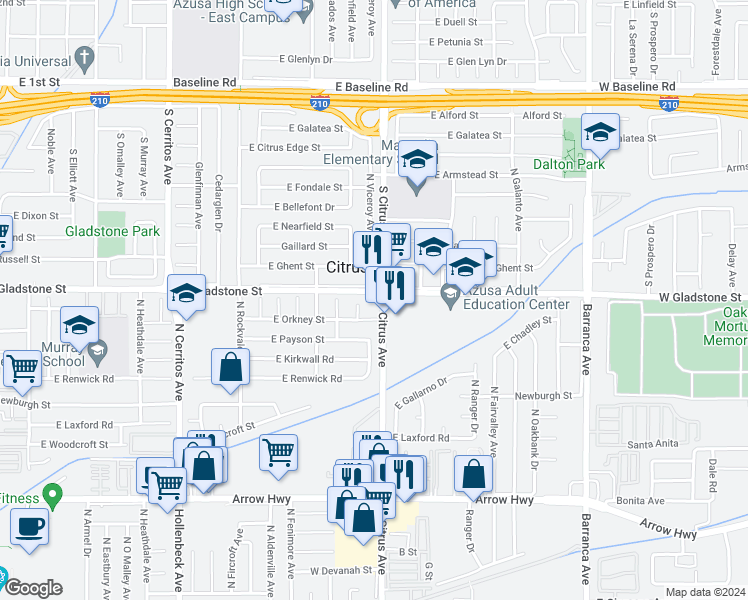 map of restaurants, bars, coffee shops, grocery stores, and more near 890 East Gladstone Street in Azusa